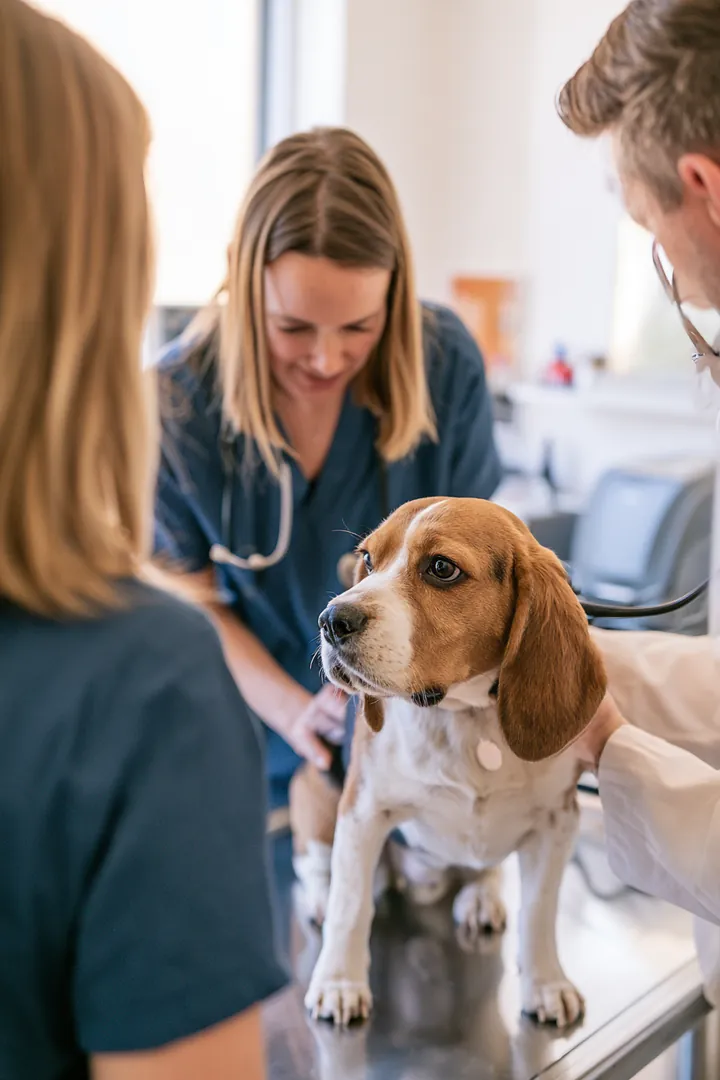 Woman watching a veterinarian examine her beagle at a bright clinic, the kind of bill a $3,000 loan may cover