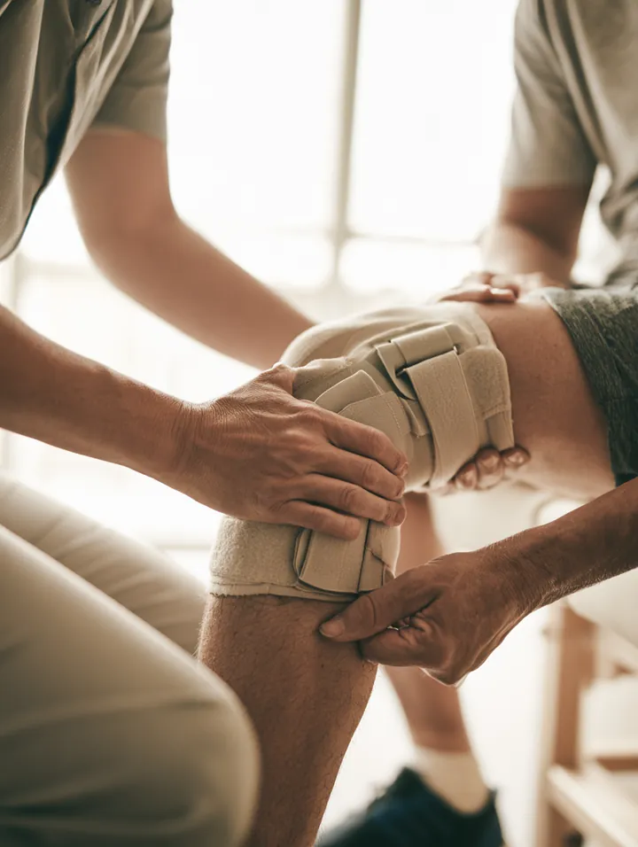 Physical therapist adjusting a knee brace on a patient in a bright rehab clinic, a cost a $4,000 loan may help cover