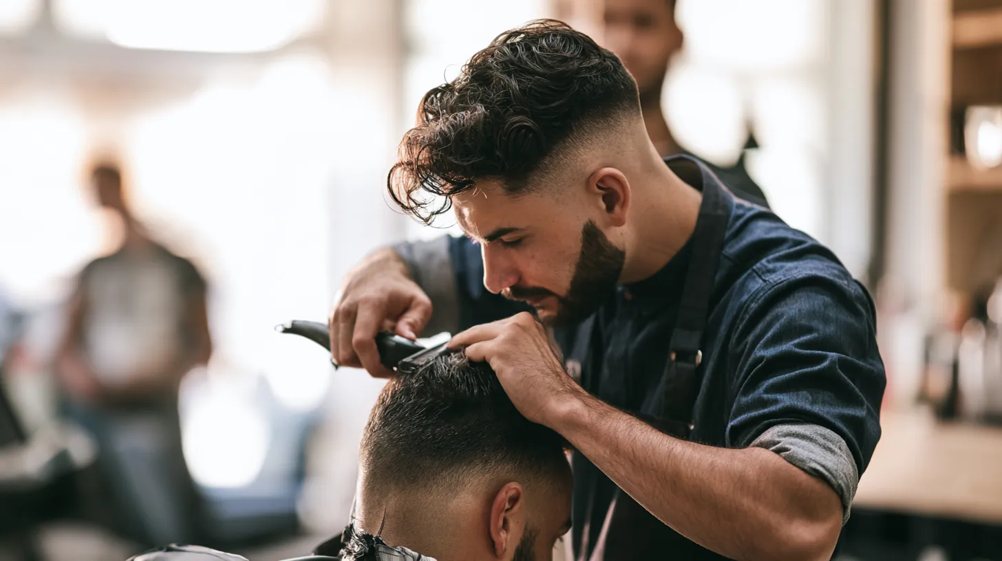 Young barber in his 20s trimming a client's fade at his own chair in a bright, modern barbershop