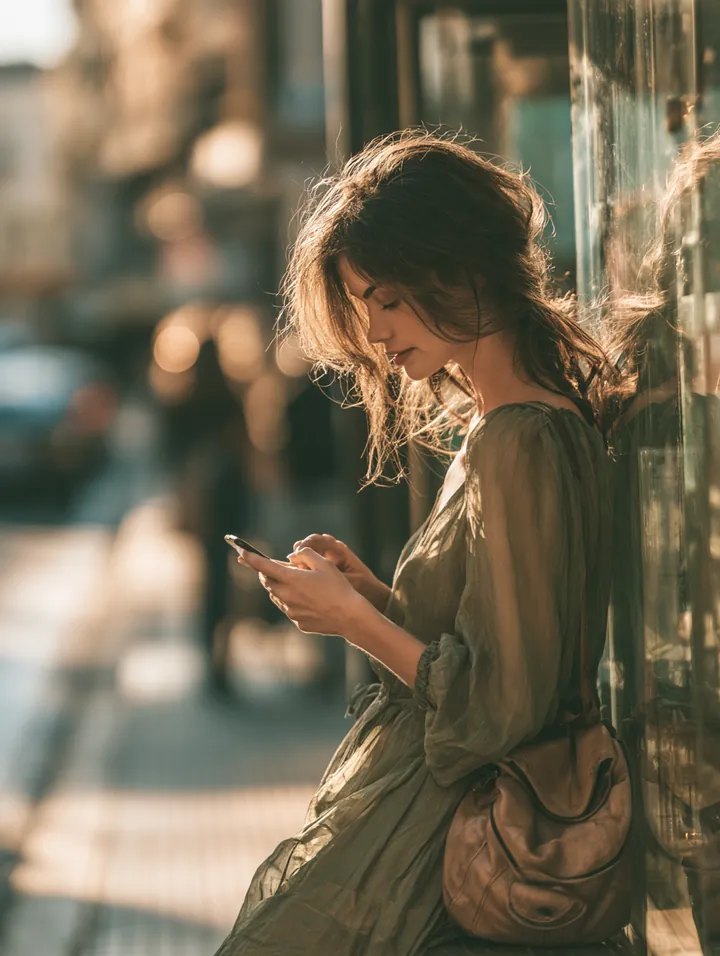 Woman in her 20s at a glass bus shelter checking amone loan options on her phone on a sunny city street