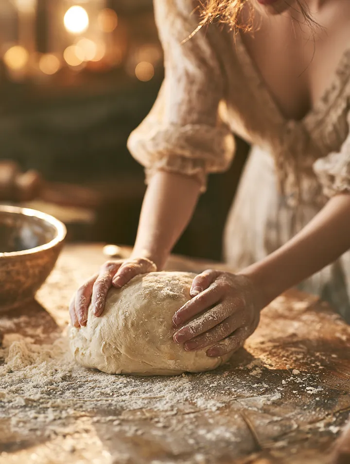 Hands kneading bread dough on a floured butcher-block counter, a slow steady task like an amone loan payoff