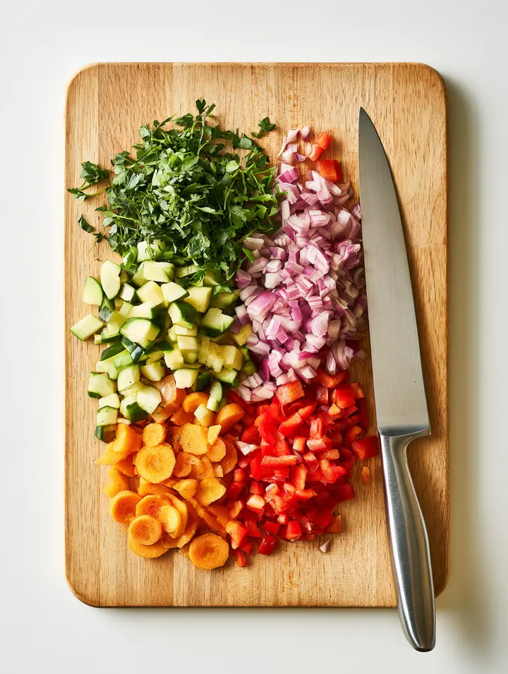 Chopped vegetables, herbs and a chef's knife on a wooden board, a simple dinner plan like a single amone loan payment plan