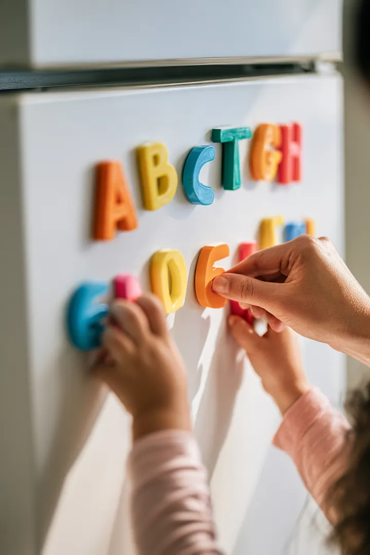 Parent and child placing magnetic letters on a fridge, a playful reminder to learn amone loan terms one word at a time