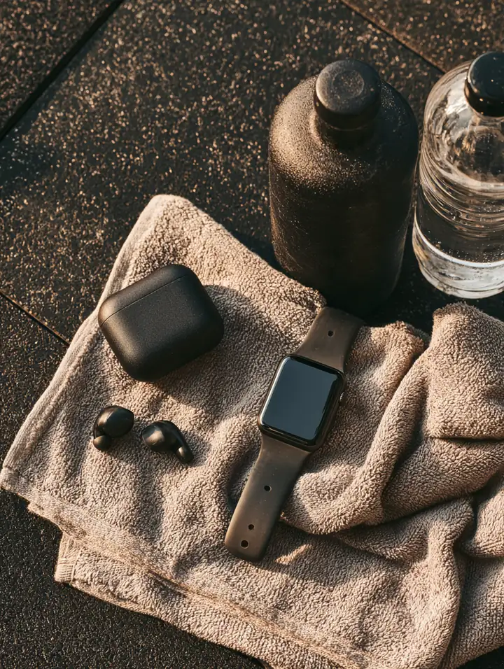 Smartwatch, wireless earbuds case, water bottle and gym towel laid out on a rubber gym floor