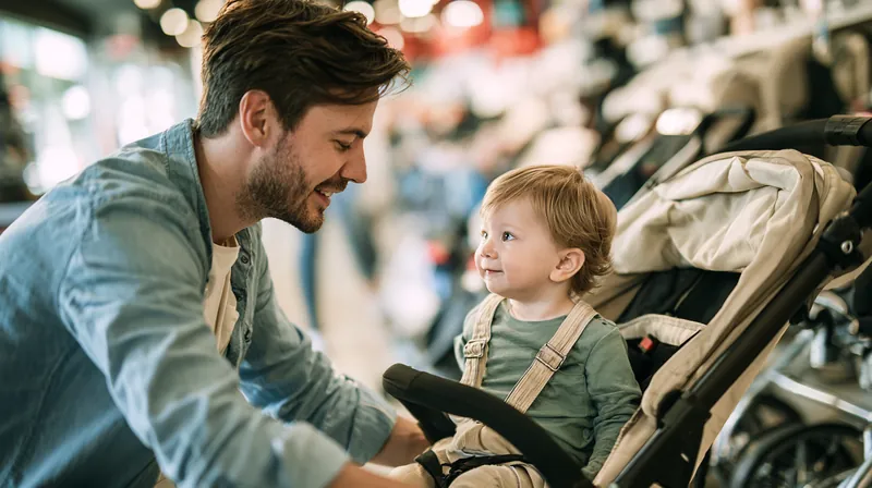 Father in his 30s and his toddler comparing strollers together in a bright baby store