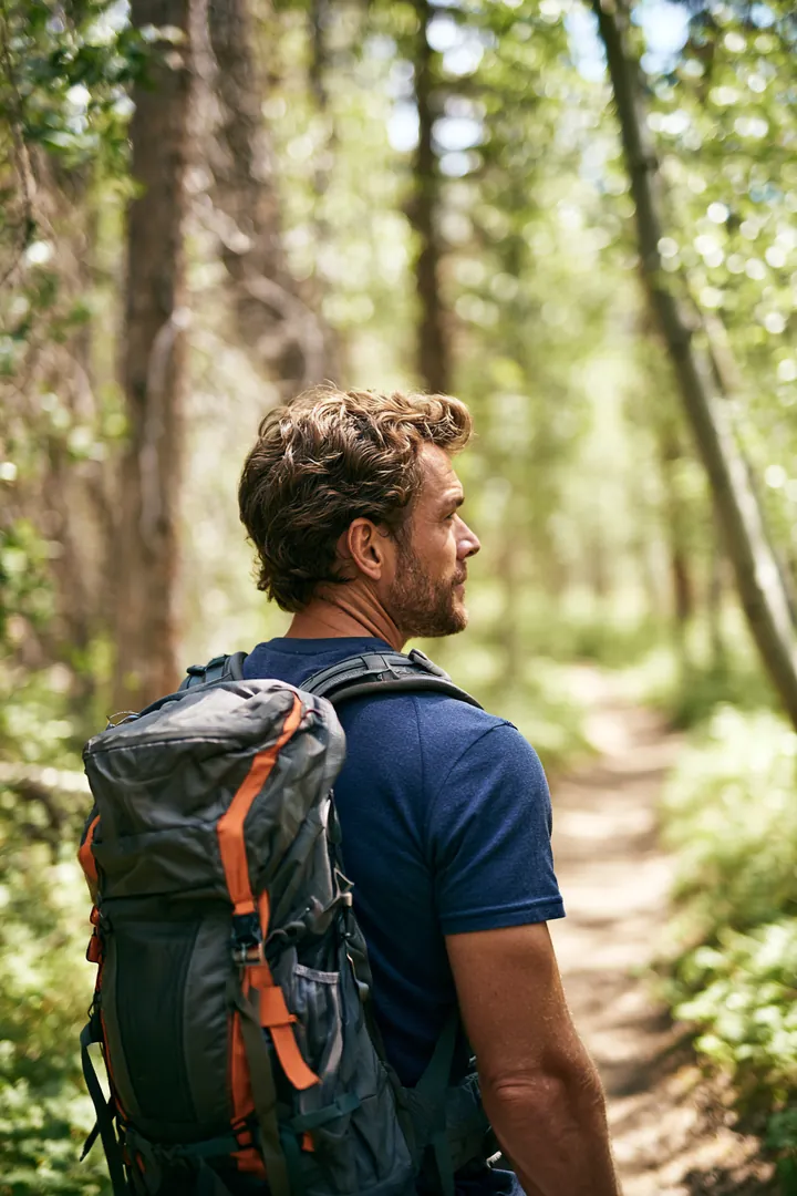 Man in his 40s hiking a forest trail toward switchbacks ahead, like planning the path of an amone loan term