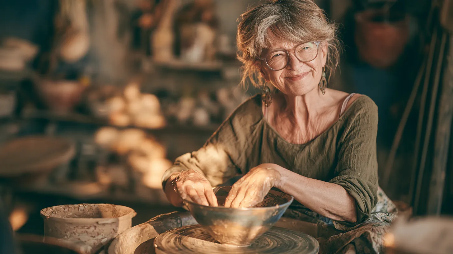 Woman in her 60s shaping a clay bowl on a spinning pottery wheel, clay on her hands and a focused smile
