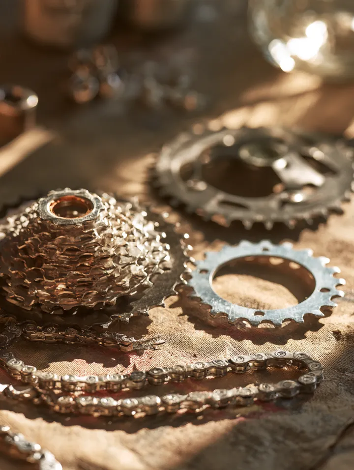 Bicycle gear cassette, chain links and chainring laid out on a workshop mat, like the moving parts of an amone loan budget