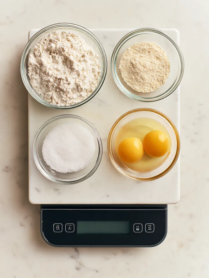 Top-down view of a digital kitchen scale with bowls of flour, sugar and eggs measured out on a white marble counter