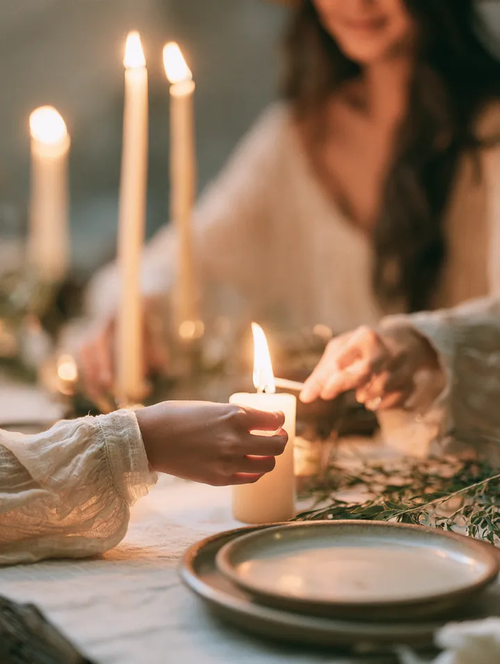 Hands lighting tall candles on a holiday dinner table set with fresh greenery