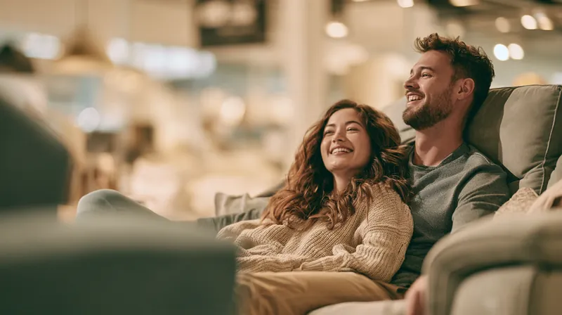 Couple in their 30s laughing as they test a new sofa in a bright furniture showroom, weighing BNPL against an amone loan
