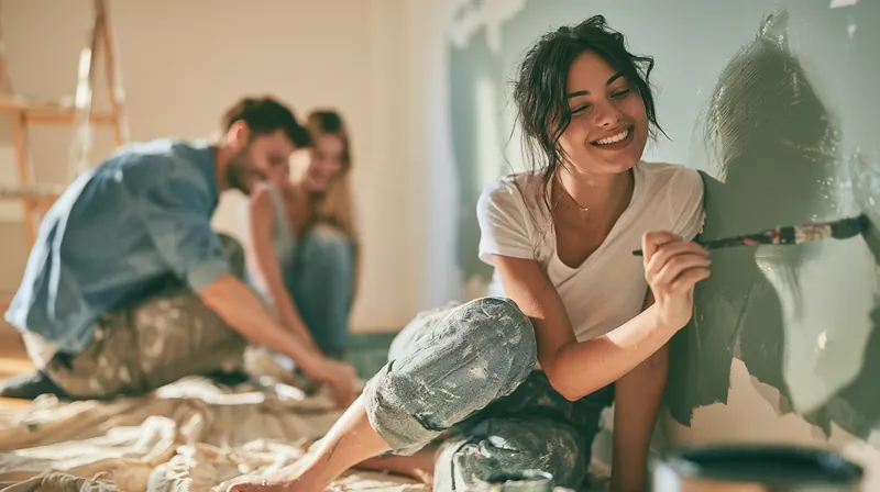 Young couple laughing while painting a sage accent wall in their bright new apartment, a drop cloth on the floor