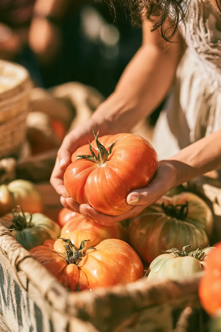 Hands inspecting a ripe heirloom tomato at a farmers market stall